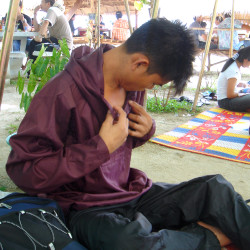 purple anorak as modest swimwear