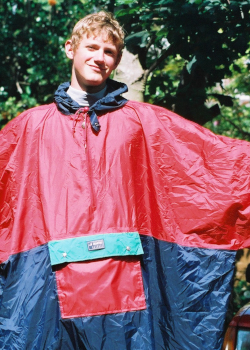 poncho blue red garden hose pipe