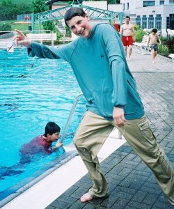 swimming in a blue cotton hoodie