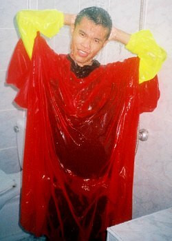 poncho cape red public swimming pool