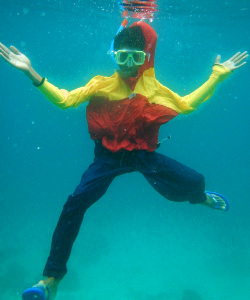snorkelling in anorak with hood